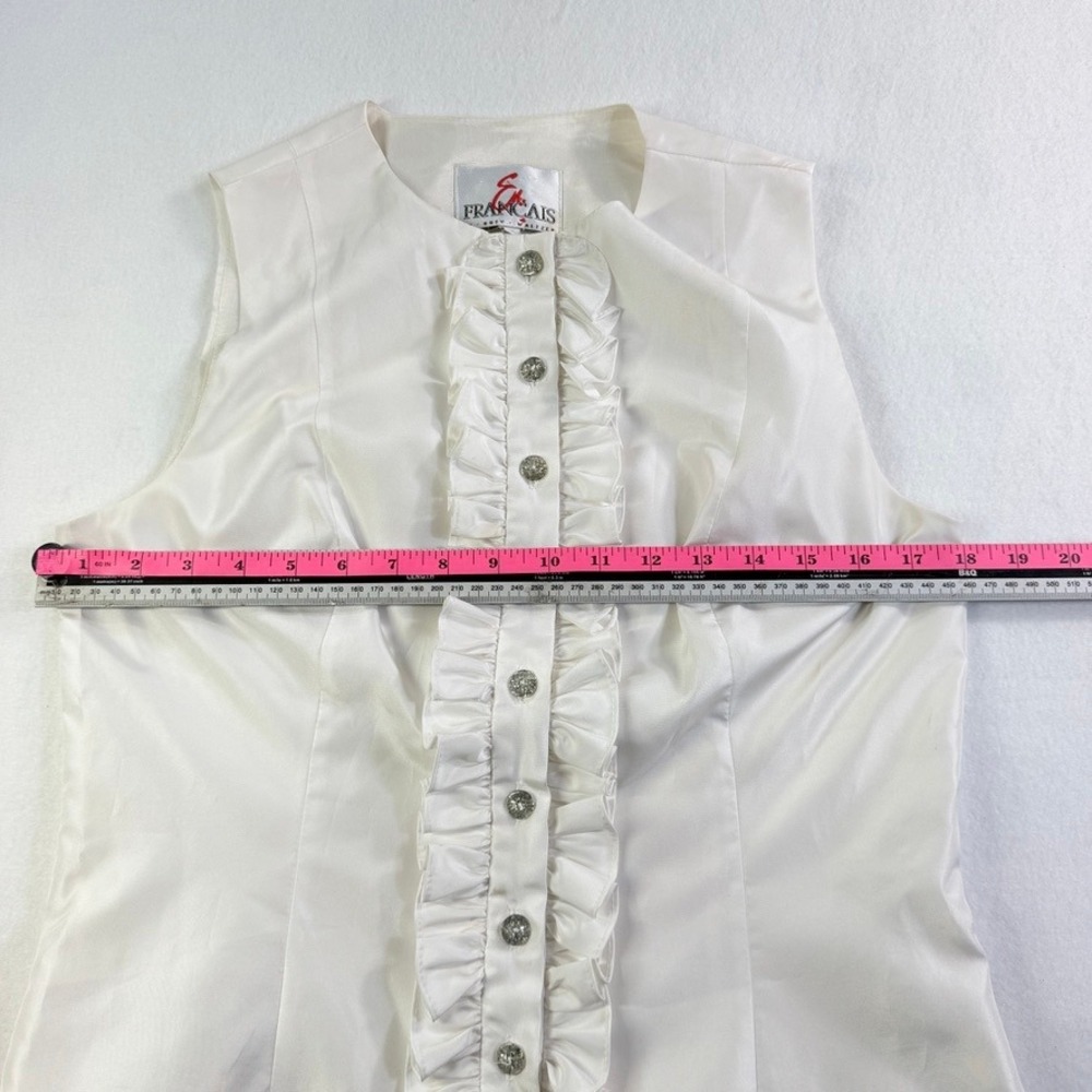 Vintage 90s White Satin Ruffle Rhinestone Tuxedo Vest M En Francais Huey - Picture 7 of 12